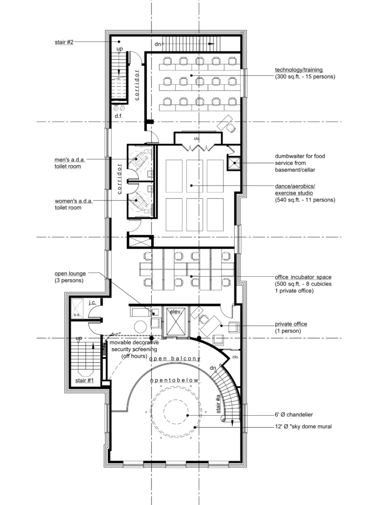 Second floor architectural plan showing technology training room, dance and exercise studio, office incubator space, private offices, lounge area, and balcony overlook.