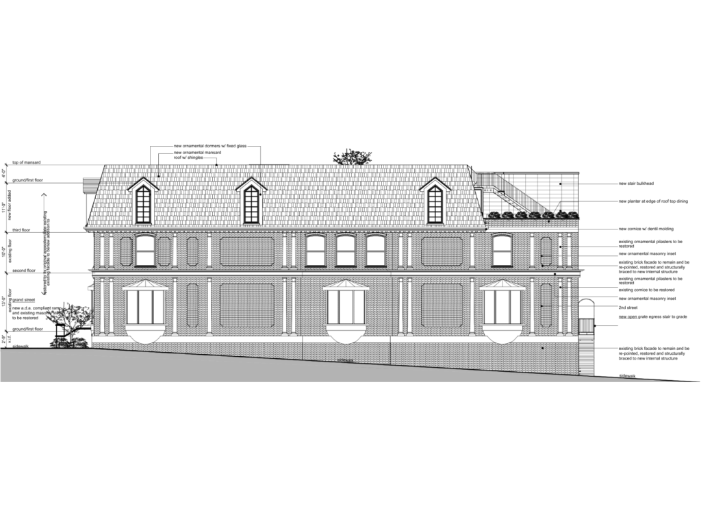 Side elevation drawing showing the restored historic structure, mansard roof addition, rooftop terrace access, decorative detailing, and building massing.