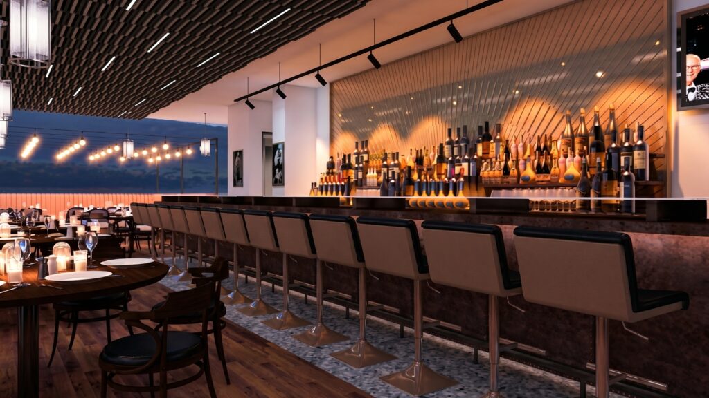 Luxury waterfront restaurant bar interior with ambient lighting and upscale seating