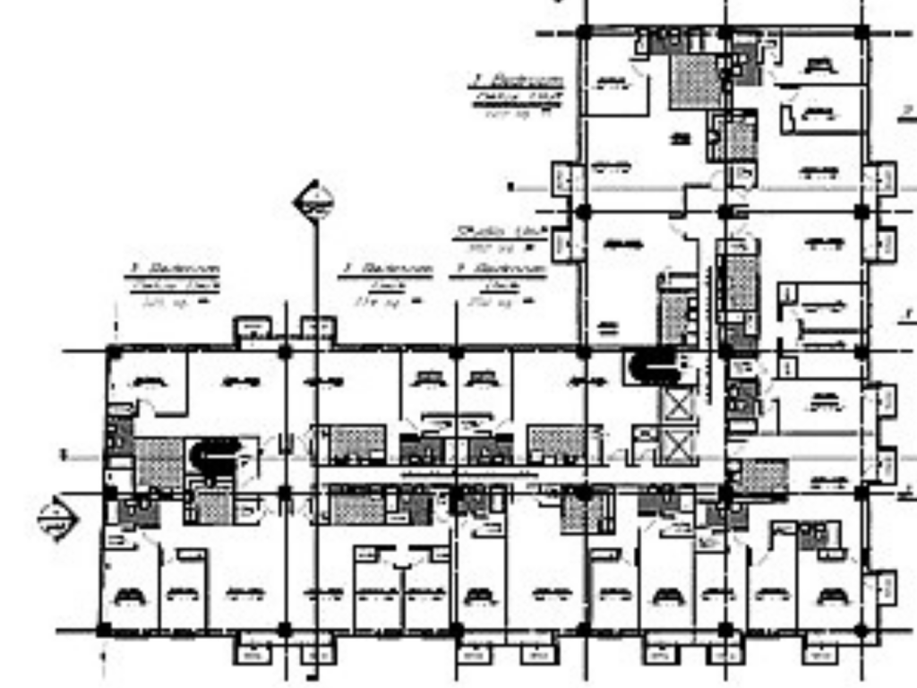 Enlarged architectural floor plan detailing apartment unit layouts, circulation corridors, elevators, bathrooms, and service spaces within the Bayview–Inwood development.