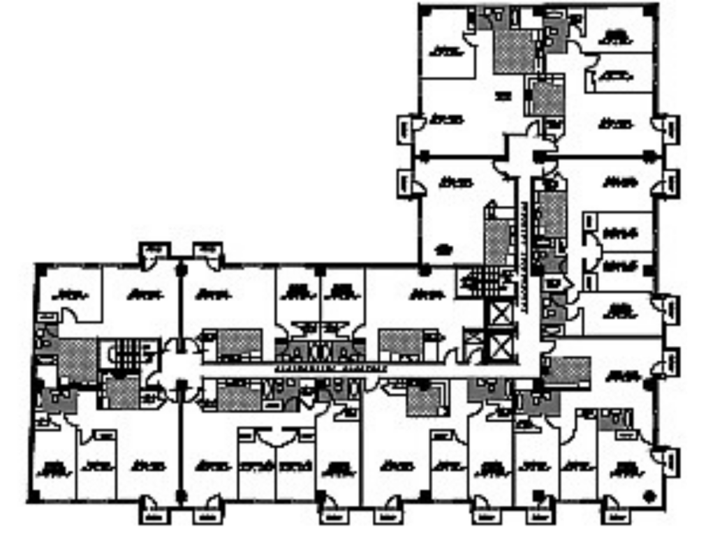 Typical residential floor plan showing apartment unit layouts, corridors, elevators, stairs, and support spaces within the Bayview–Inwood building.
