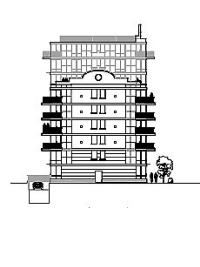 Street-facing elevation drawing of the Caton Avenue residential building showing façade composition, balconies, and rooftop setback.