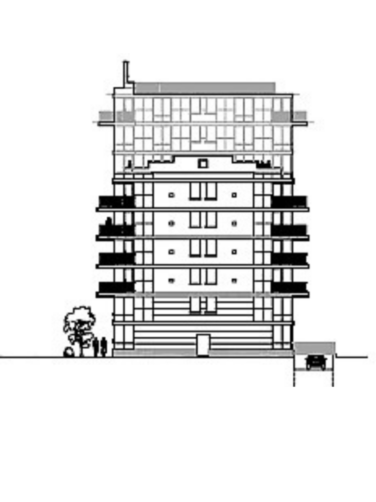 Side street elevation drawing of the Caton Avenue residential development showing building height, façade detailing, and rooftop massing.